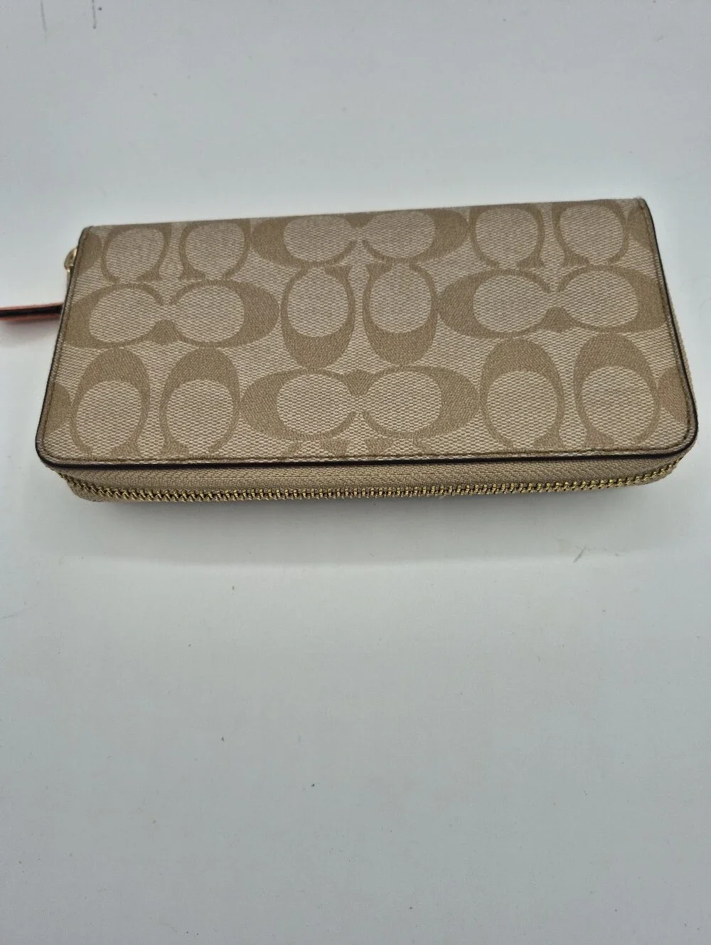 Coach Tan Signature Canvas Zip Wallet with Red Strawberry Accent - Picture 6 of 9